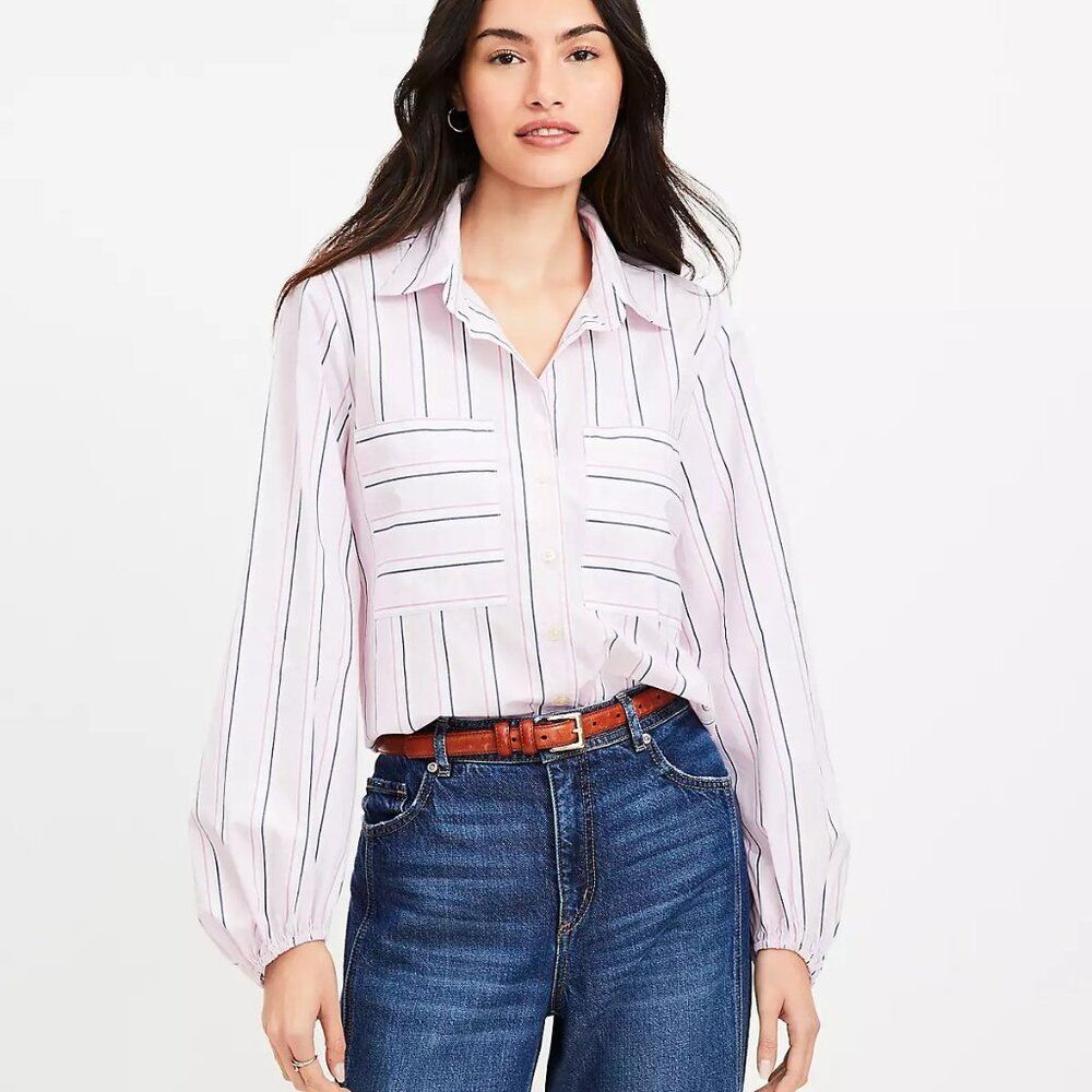 LOFT 100% Cotton Striped Poplin Blouson Sleeve Pocket Shirt Size XXL NWT